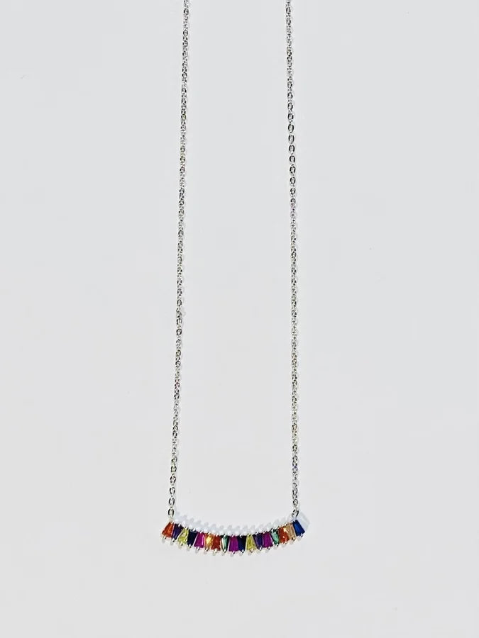 Sterling Silver Multicolor Cubic Zirconia Princess Cut Bar Necklace - 16" +2