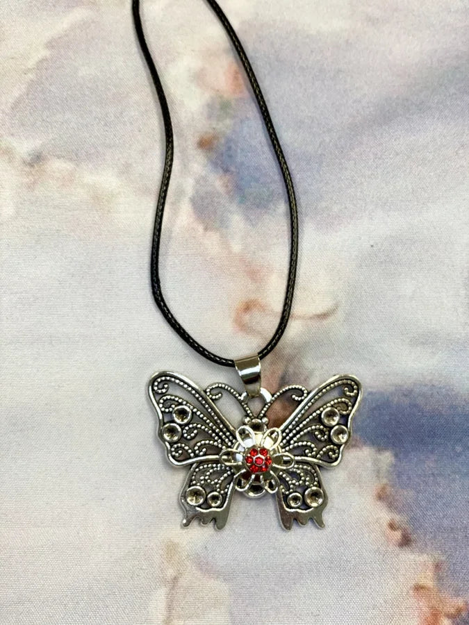 Black Corded Necklace w/ Butterfly Pendant & Mini Snap