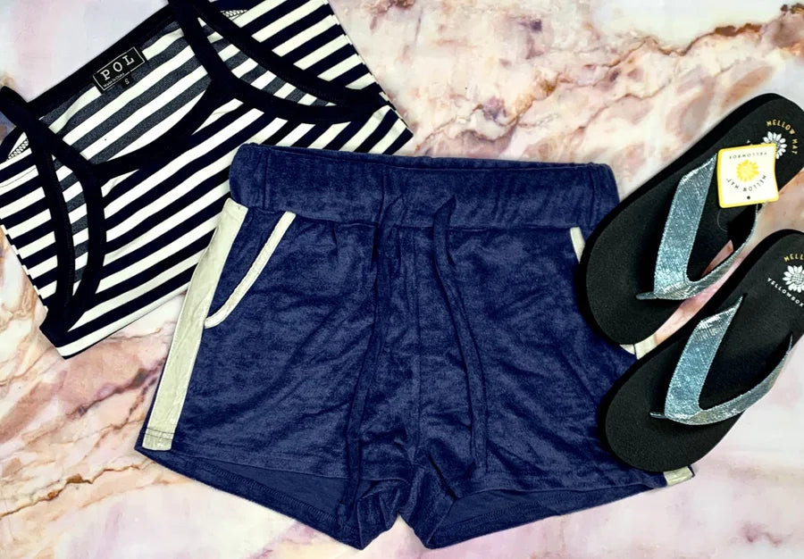 Blueberry French Terry Shorts w/ Ivory Suede Side Stripe Detail