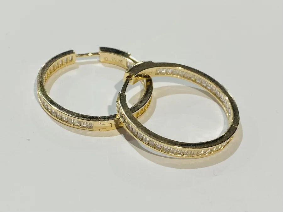 Sterling Silver Gold Plated In & Out Cubic Zirconia Hoop Earrings - 30MM