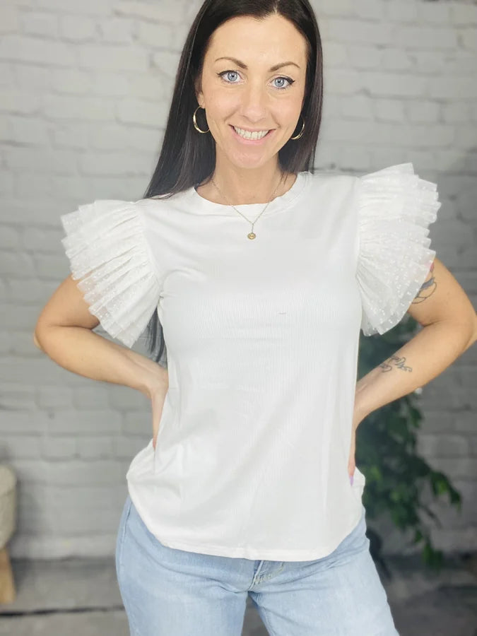 "Spring Fever" Ivory Ruffled Short Sleeve Top