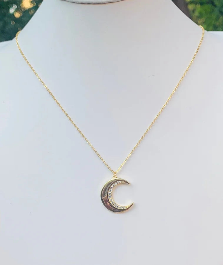 Sterling Silver Gold Plated Cubic Zirconia Moon Necklace - 16-18"