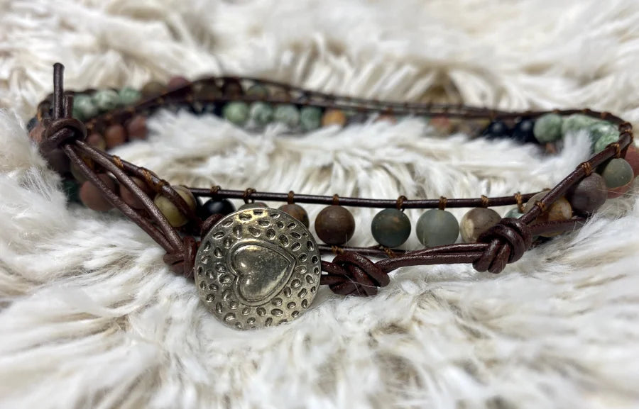 Earth Tone Matte Jasper Beaded Leather Wrap Bracelet