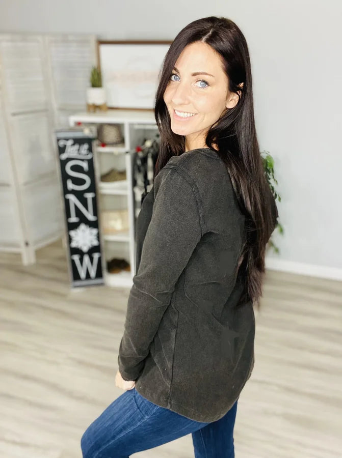 Reg/Plus Black Ribbed Washed Henley Long Sleeve Top