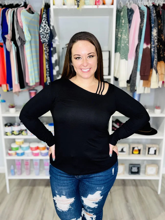 Reg/Plus Long Sleeve Black Top w/ Slight Cold Shoulder