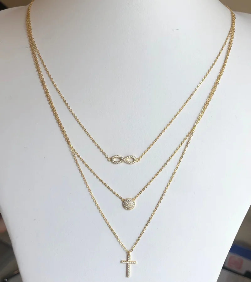 Sterling Silver Gold Plated Cross, Infinity Layered Charm Necklace - 16" +2