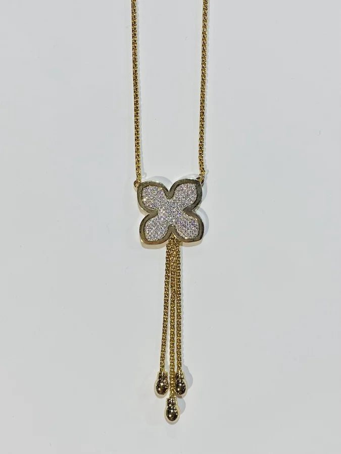Long Gold Plated Cubic Zirconia Pave Flower Inspired Necklace - 30"