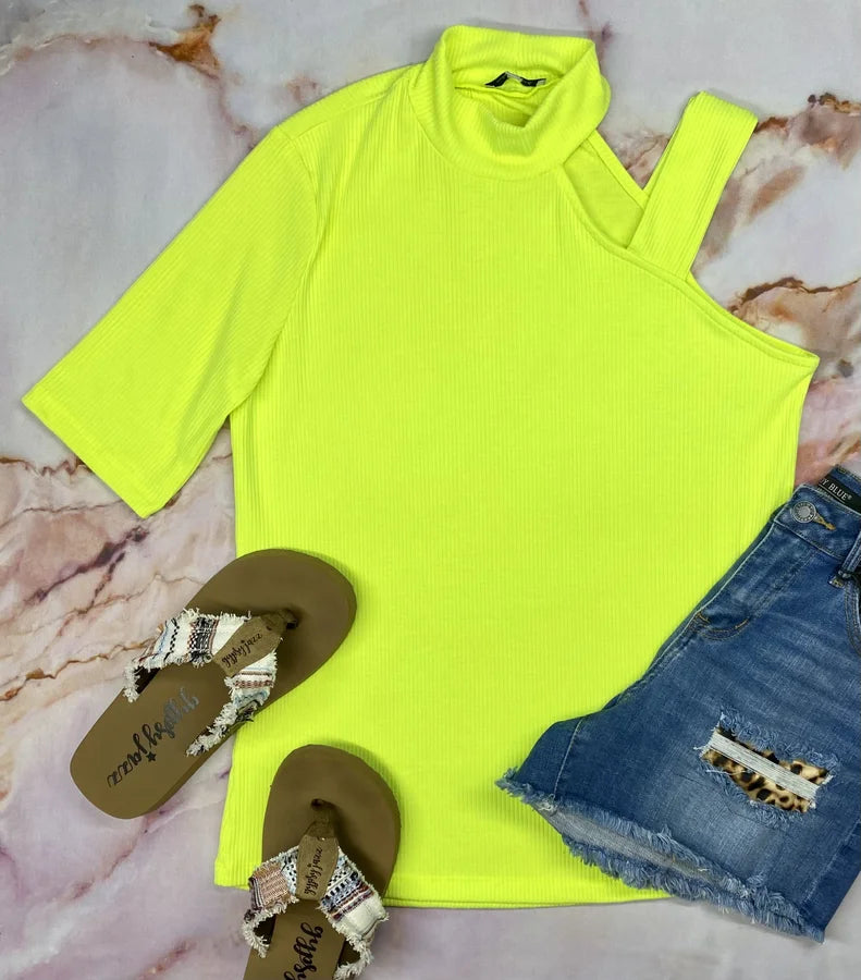 Neon Yellow Ribbed 3/4 Sleeve/Cold Shoulder Top w/ Ringer High Neck Detail