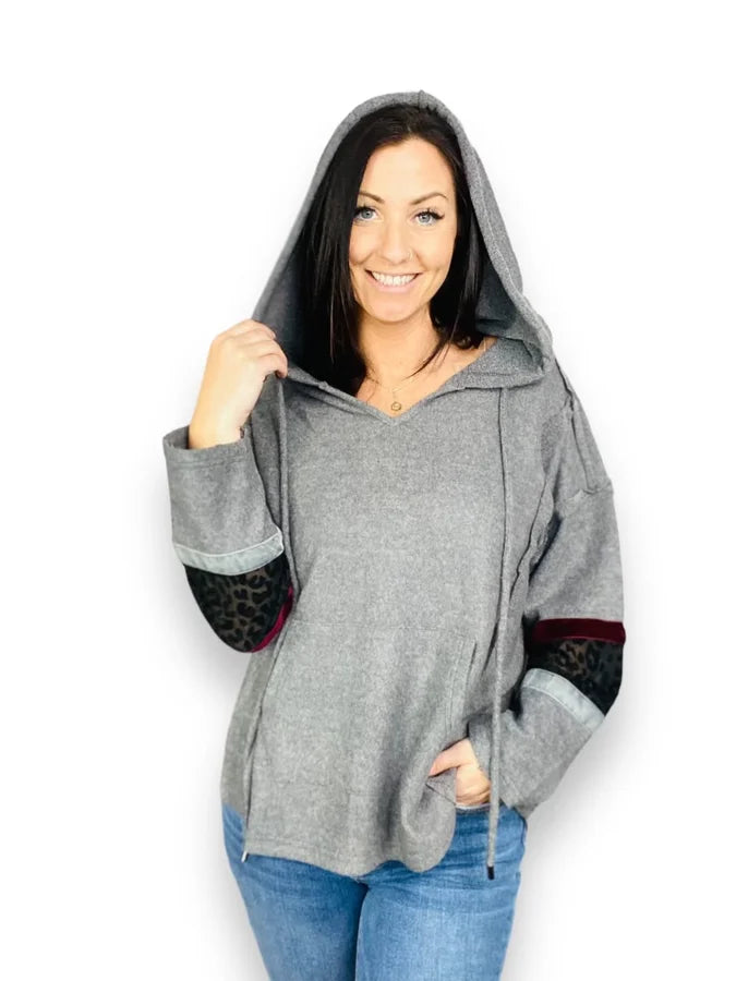 Charcoal Hoodie w/ Velvet Cheetah Sleeve Detail