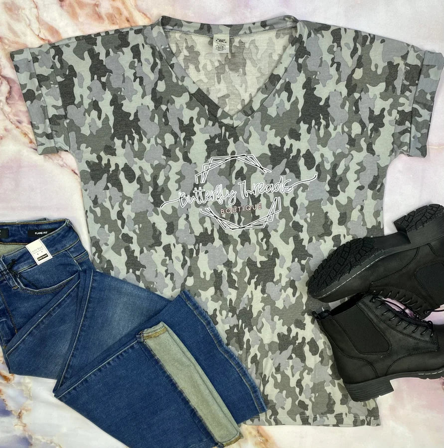 Sew in Love "Exclusive" Grey Camo Short Sleeve V-Neck w/ Butterfly Threads Logo
