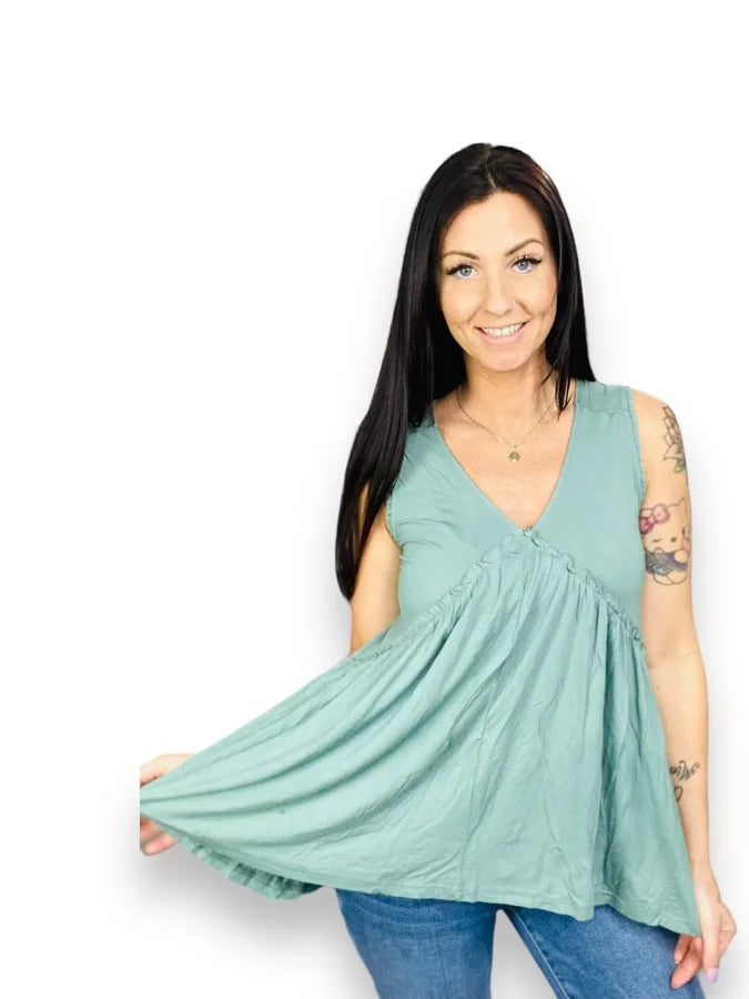 Sage Green Ruffled Sleeveless Top