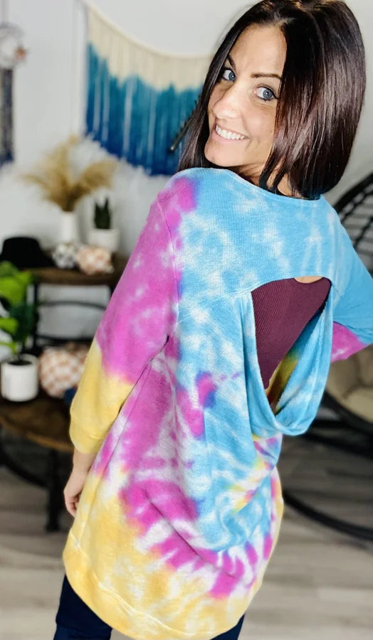 Rainbow Spiral Tie Dye 3/4 Sleeve Tunic Top w/ Loose Open Back Detail
