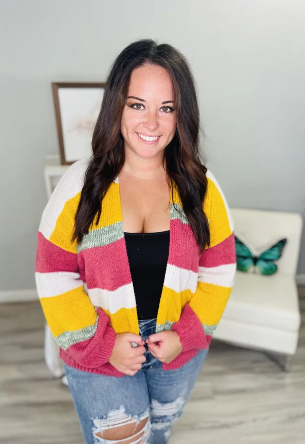 Reg. Golden Yellow/Dark Rose Striped Cardigan