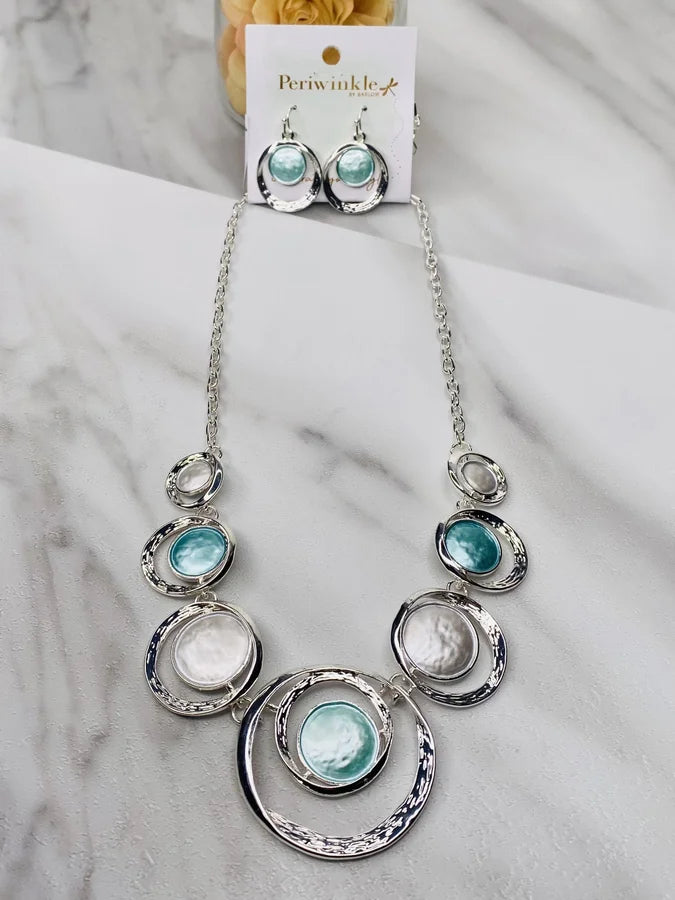 Silver Necklace/Earrings Set w/ Aqua/Silver Hammered Circles by Periwinkle