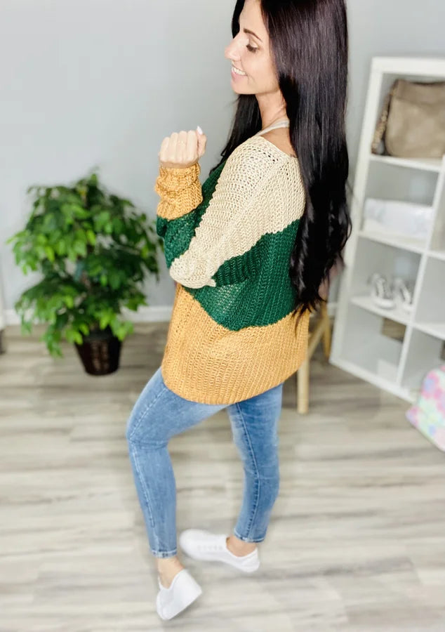 Reg. Beige/Dark Green/Apricot Striped Knit Sweater