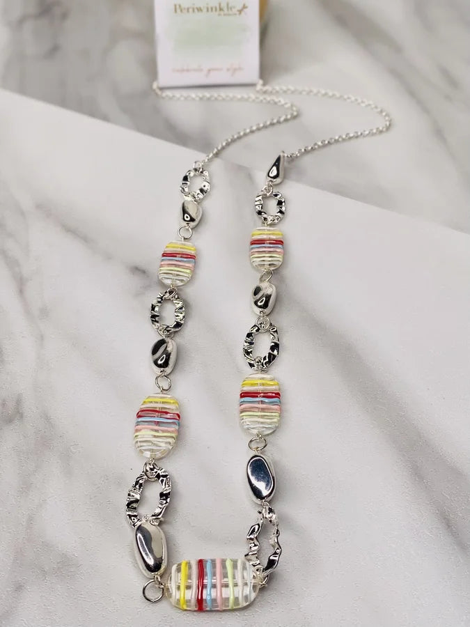 Silver Long Necklace w/ Rainbow Striped Beads by Periwinkle