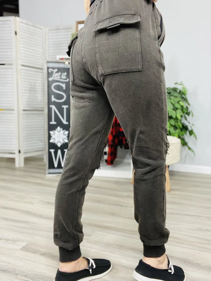 Reg/Plus Black Mineral Wash Distressed Joggers
