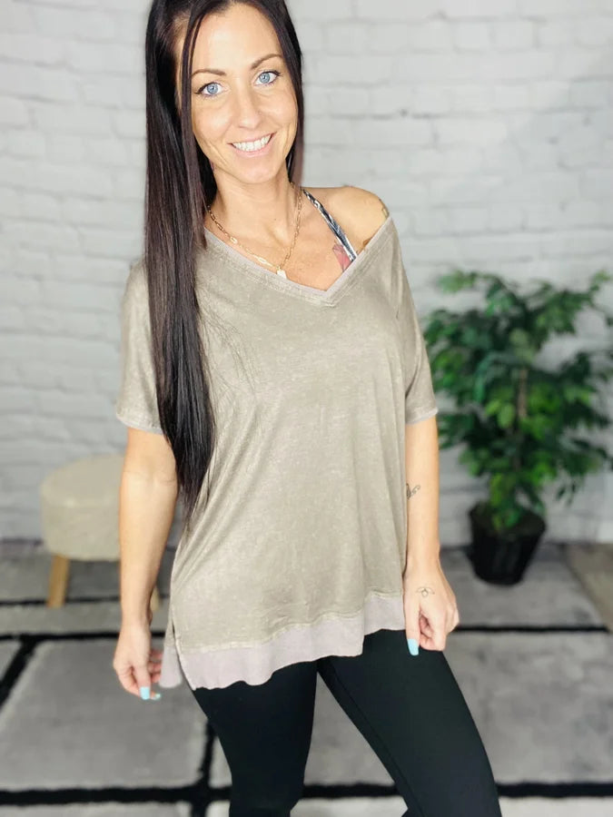"Wherever We Go" Mocha Washed Short Sleeve Top - Reg/Plus