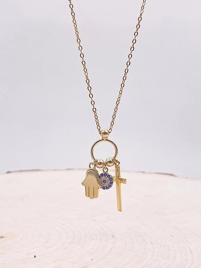 Sterling Silver Gold Plated Cross, Hamsa, Evil Eye Charm Necklace - 16" +2