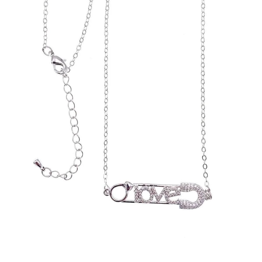 Rhodium Pave Love Pin Necklace - 18" +2