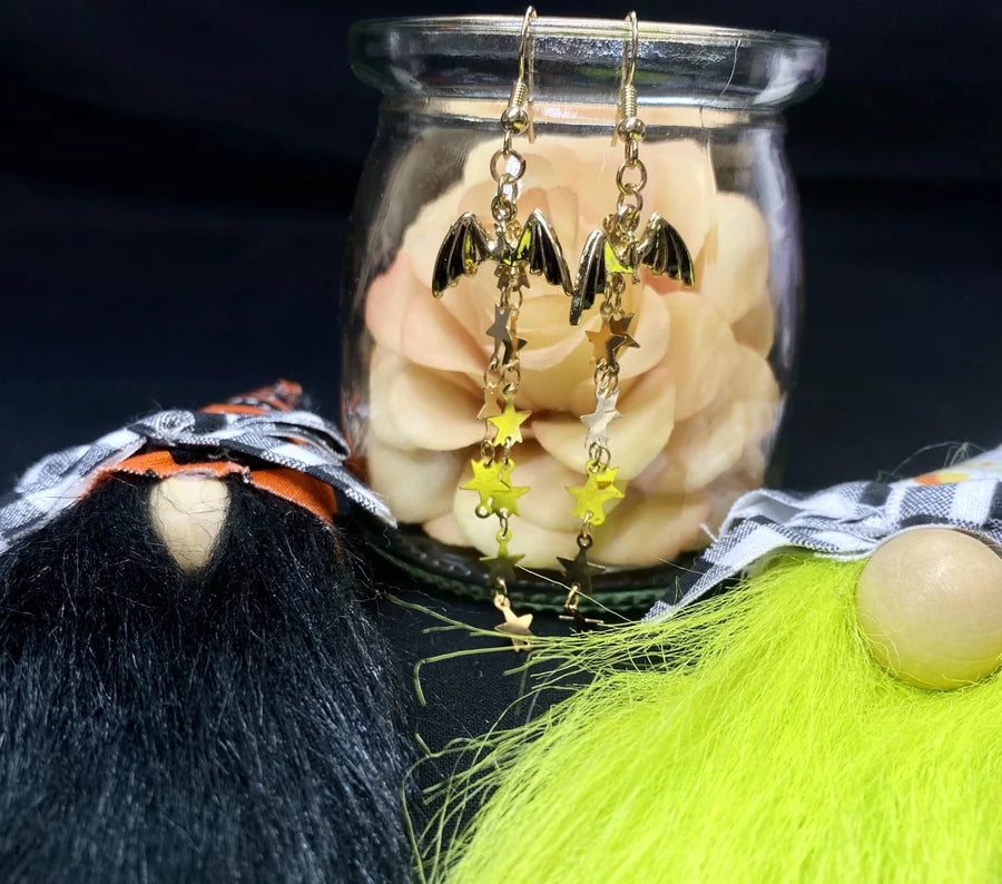Halloween Gold Flying Bat w/ Dangling Stars Earrings