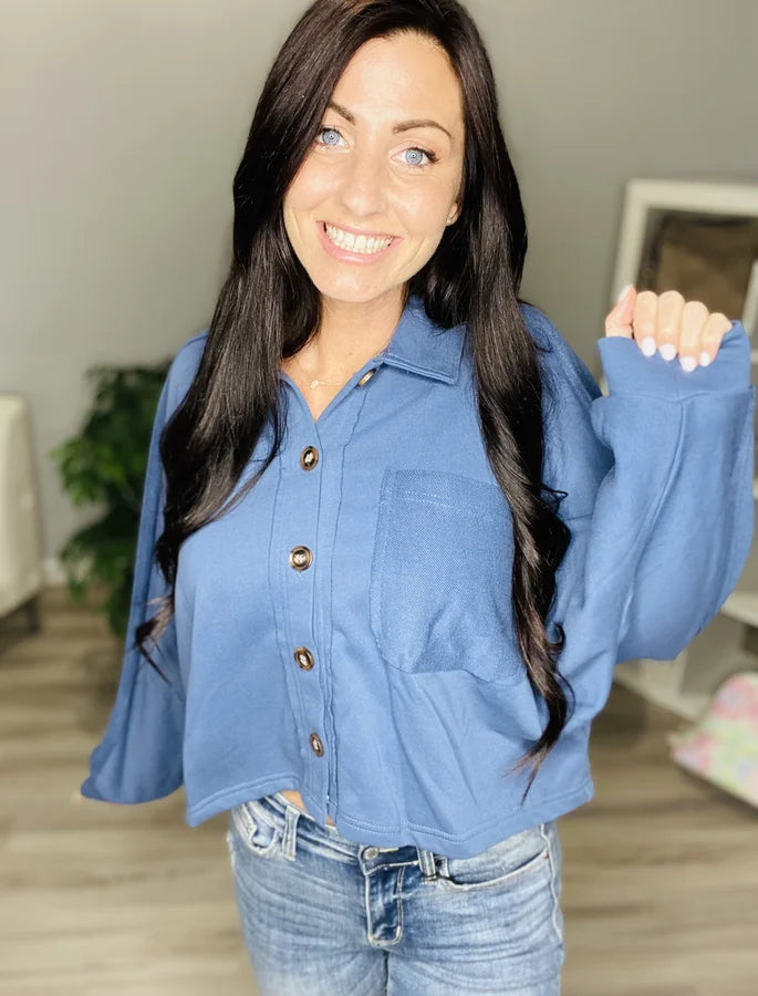 Reg. Dark Blue Button-Down Dolman Sleeve Shacket