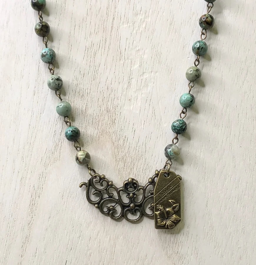 African Stone Necklace w/ Antique Trellis