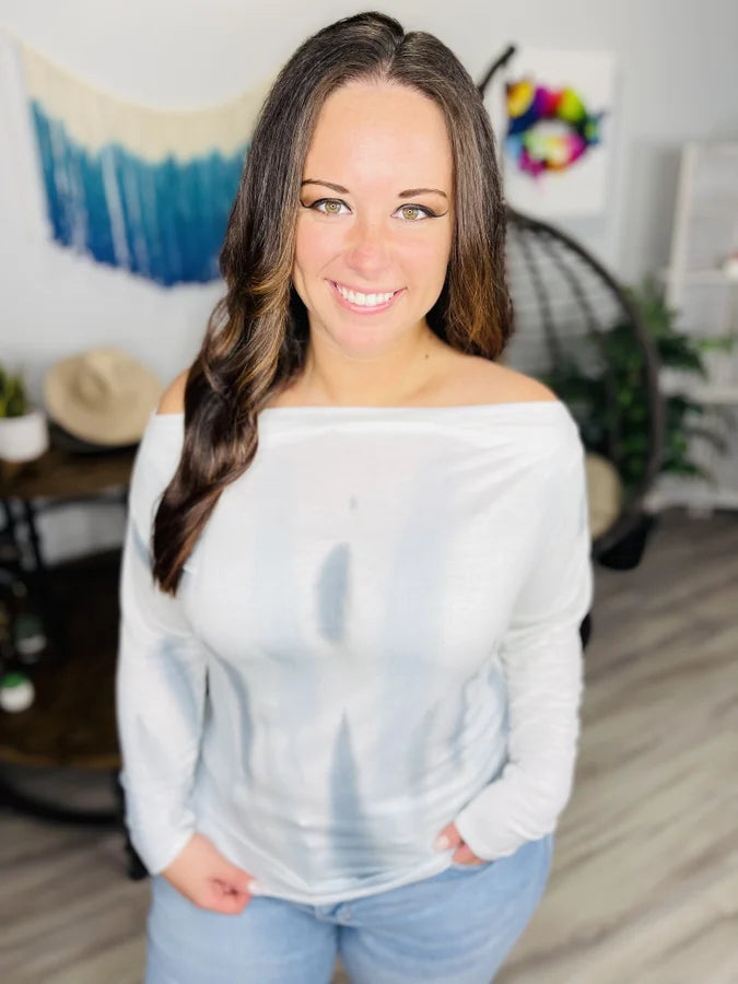 Reg. Ivory/Blue Tie Dye Off-the-Shoulder Long Sleeve Top