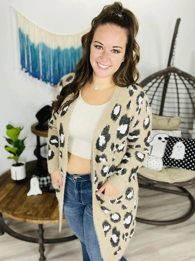 Taupe Leopard Knit Cardigan w/ Pockets - Reg/Plus