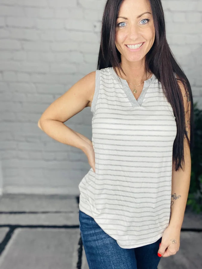 "Crazy for Stripes" Heather Grey/Ivory Sleeveless Top - Reg/Plus