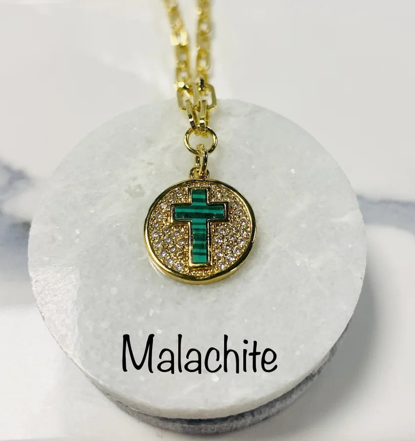 18" Gold Link Chain w/ Pave Crystal Pendant & Natural Stone Cross