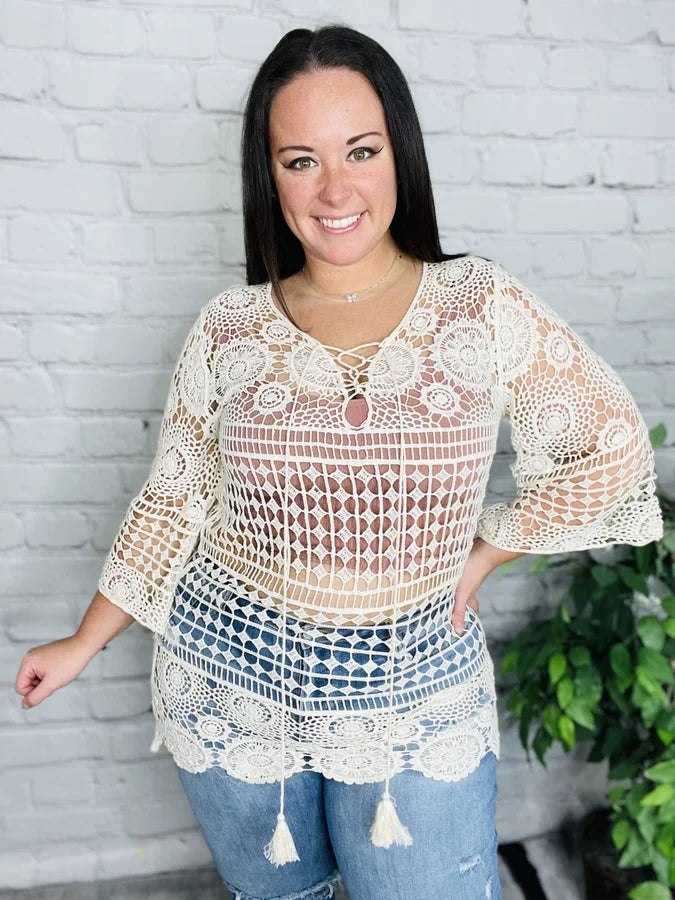 Beige Lace Crochet Tunic Top