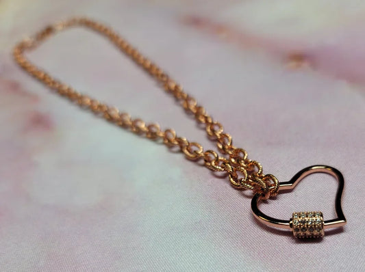 ROSE GOLD CHAIN NECKLACE WITH SMALL HEART & RHINESTONE LOCK/TOGGLE 18"