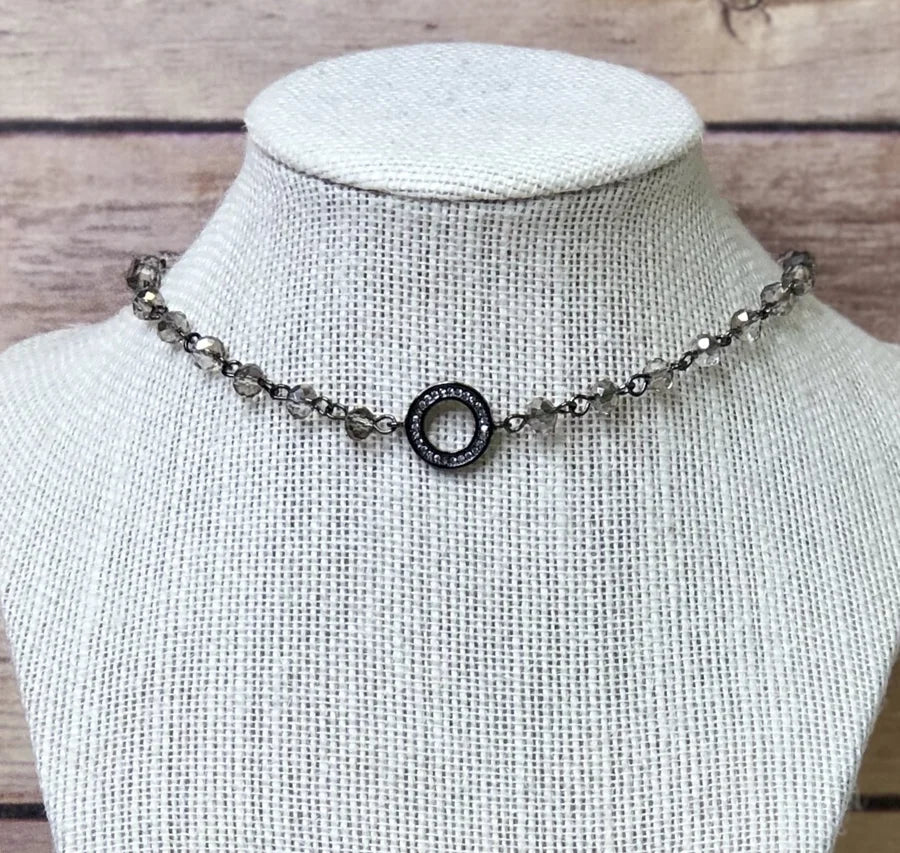 GUNMETAL BEADED CHOKER NECKLACE WITH RHINESTONE ACCENT HOOP