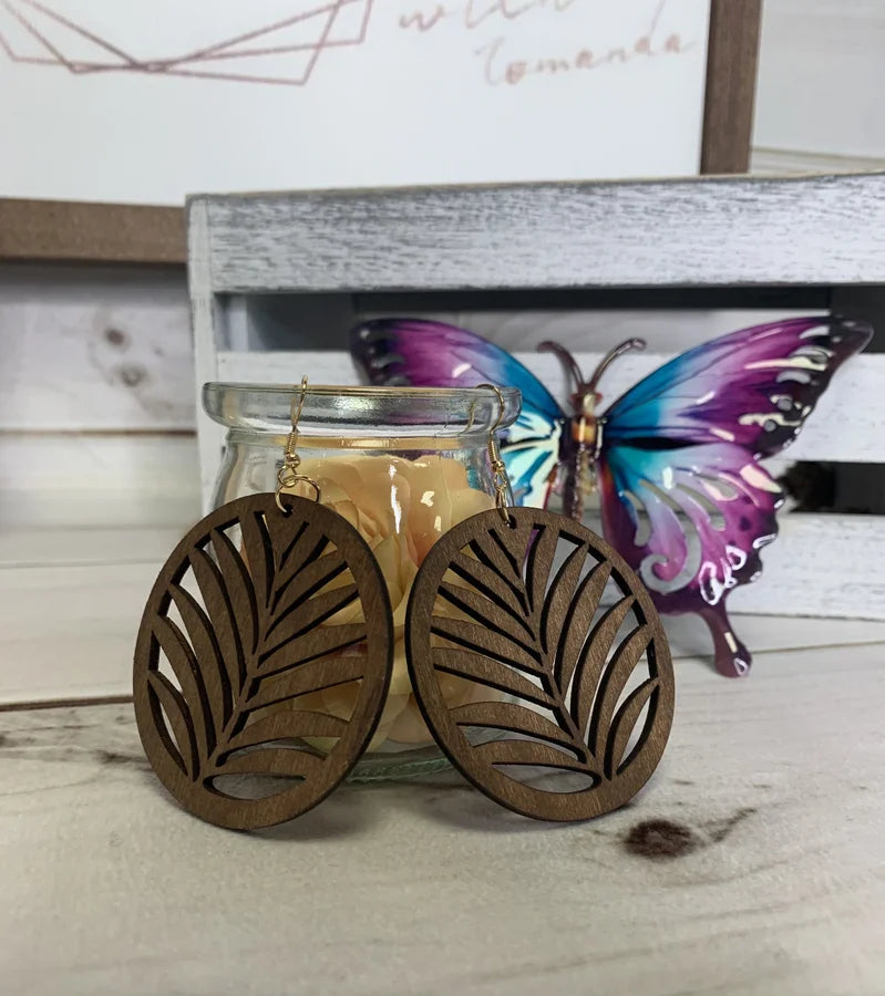 Boho Wooden Circle Earrings w/ Palm Laser Cut Detail