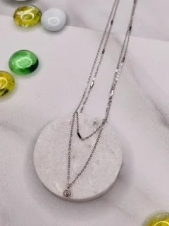 Sterling Silver Double Layer Necklace w/ Solitaire Crystal 16"+2