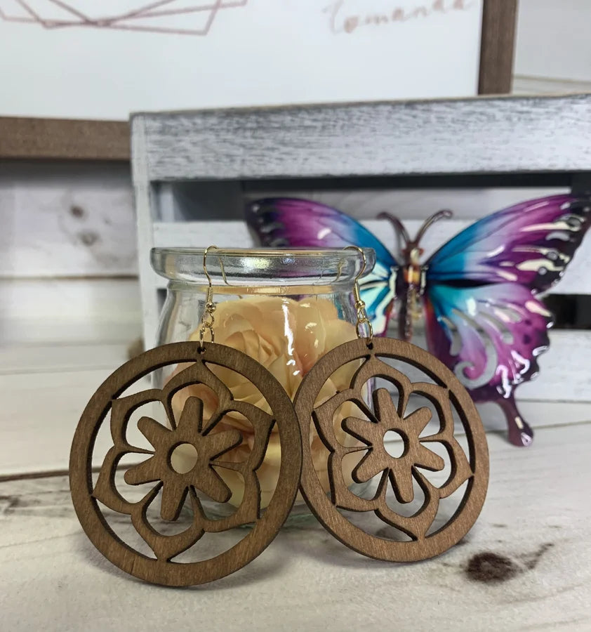 Boho Wooden Circle Earrings w/ Flower Laser Cut Detail