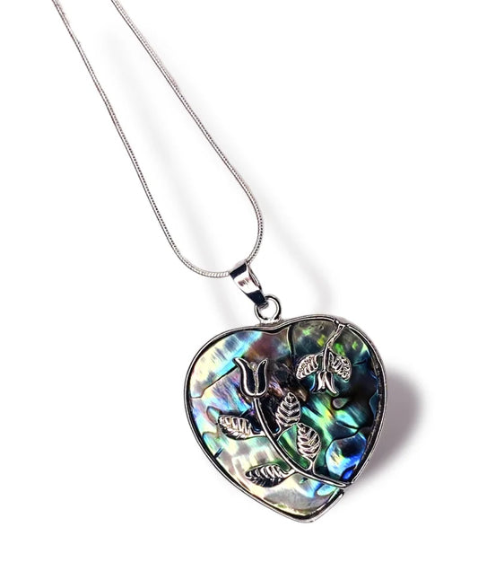 ABALONE SHELL HEART WITH ROSES NECKLACE