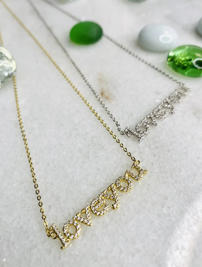 Cubic Zirconia "Love You" Pendant Necklace 16"+2