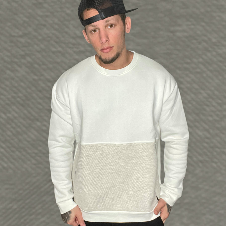 White Half Quilted Crewneck Pullover