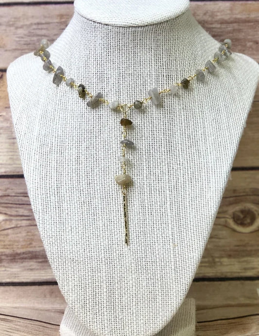 GREY AND SAGE STONE NECKLACE WITH GOLD DETAIL AND DANGLE CHARM