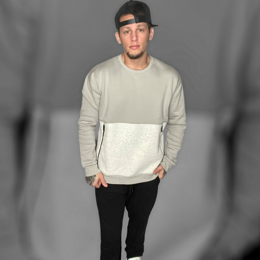 Grey Half Quilted Crewneck Pullover