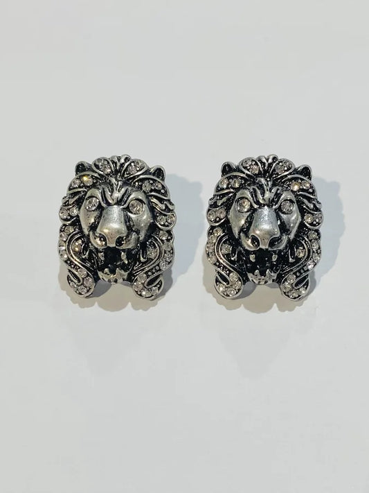 SILVER/GUNMETAL LION’S HEAD EARRINGS WITH RHINESTONES