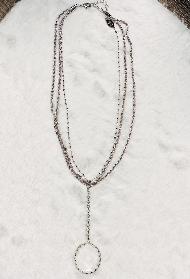 Triple-layer Silver Necklace with Crystal Pendant