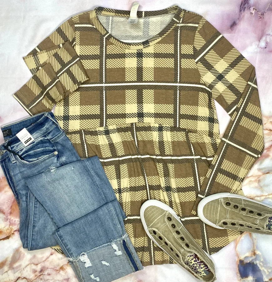FLAMINGO MOCHA/SAND LONG SLEEVE - PLAID - BABY DOLL TOP