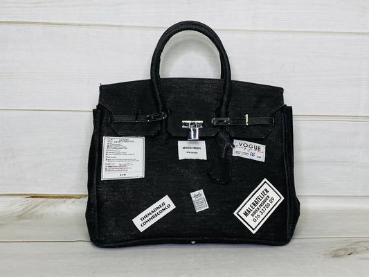 BC Handbags Black Patched Large Canvas Bag w/ Front Clasps & Lock