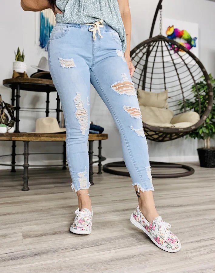 Reg/Plus Light Wash Knock Out Distressed Denim Joggers