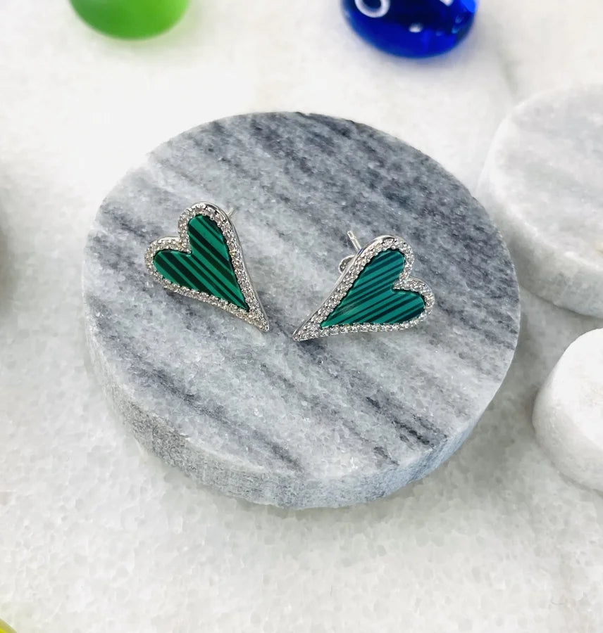 Sterling Silver Malachite Heart Earrings