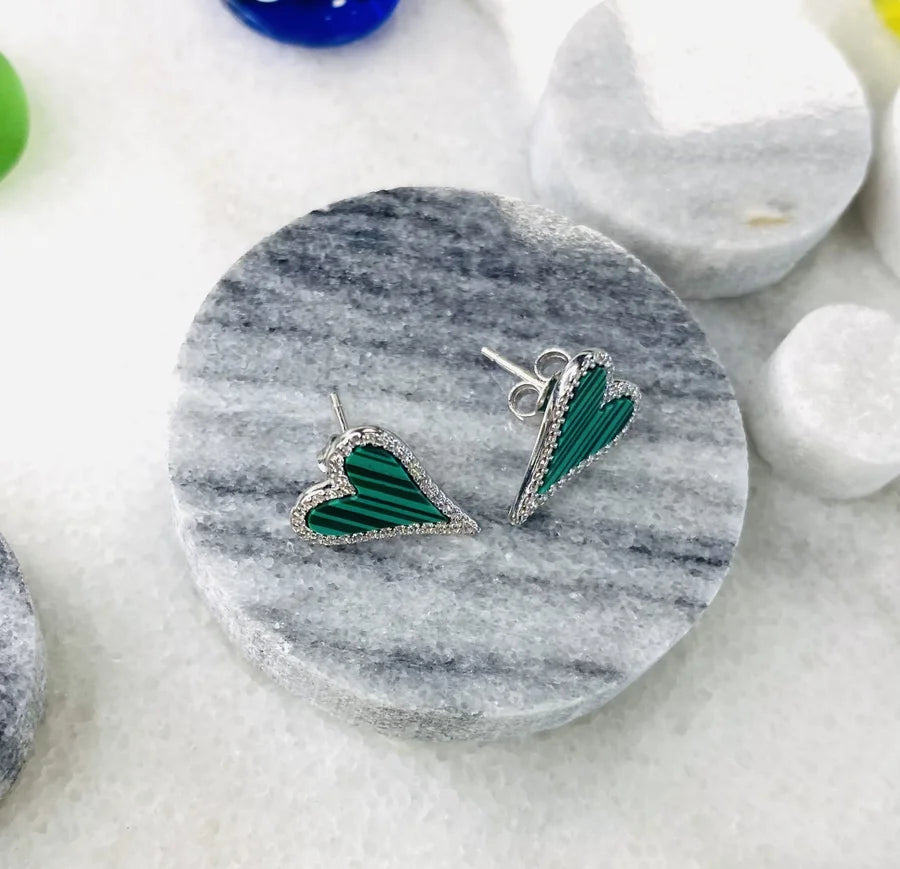 Sterling Silver Malachite Heart Earrings