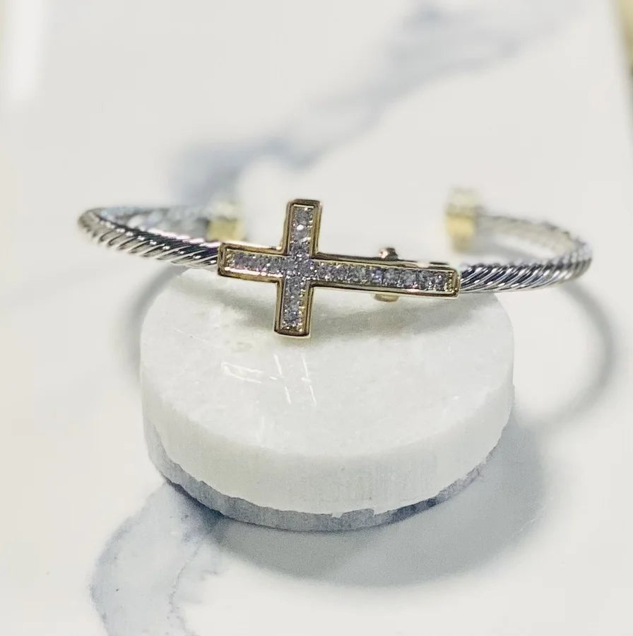 2-Tone Cable Cuff Bracelet with Cross Pendant